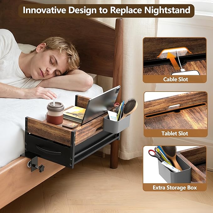 2 Tier Bedside Shelf for Dorm Bunk Bed, Clip On Nightstand with Fabric Drawer & Storage Box, Bed Side Table Tray Organizer, Bedside Tray with Cable Management for Dormitory, Back to School