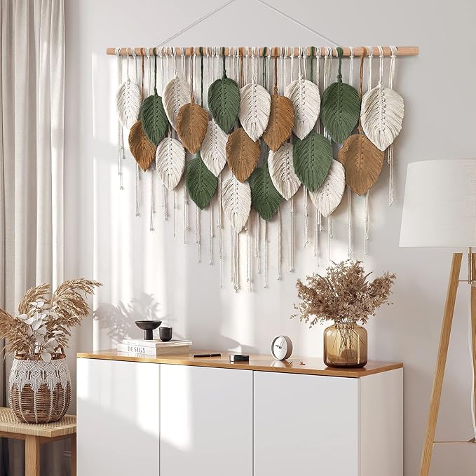 KHOYIME Large Macrame Wall Hanging Boho Woven Tapestry, Chic Home Decor Modern Bohemian Handmade Leaf Feather Wall Art Decorations for Apartment Dorm Living Room Bedroom Nursery Backdrop 39"W X 29.5"L