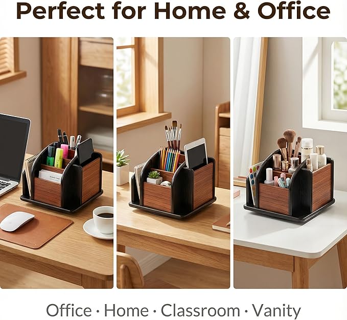 Wooden Desk Organizer with 6 Compartments, Remote Control Holder, Office Storage Caddy, Black and Brown Desk Organizer for Office Supplies