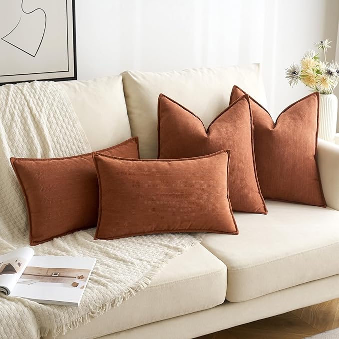 MIULEE Pack of 2 Burnt Orange Decorative Lumbar Pillow Covers 12x20 Inch Chenille Luxurious Couch Throw Pillows Farmhouse Cushion Covers with Elegant Design for Sofa Bed Living Room Home Decor