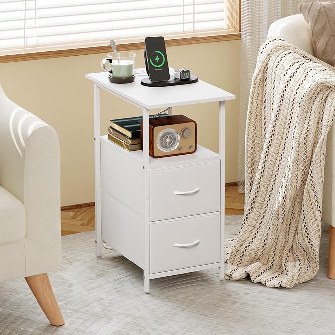 Somdot End Table with Charging Station,Narrow Side Table with 2 Fabric Drawers,Skinny Nightstand with Storage,Small Slim Bedside Table for Living Room,Sofa,Bedroom,Couch,White Leather