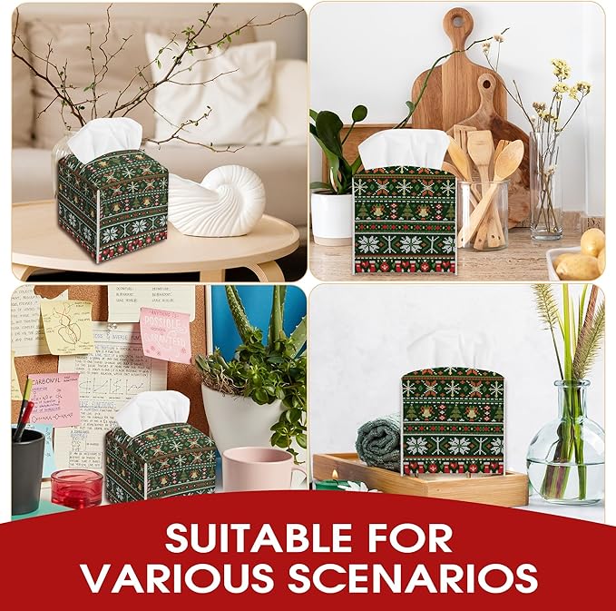 Retro Christmas Tissue Box Cover Holder, Christmas Trees and Snow Tissue Box Cover Leather, Xmas Gift Ideas for Family Friends, Bathroom Kitchen Car Office Home Table Decor(5.2 Inches)-B15