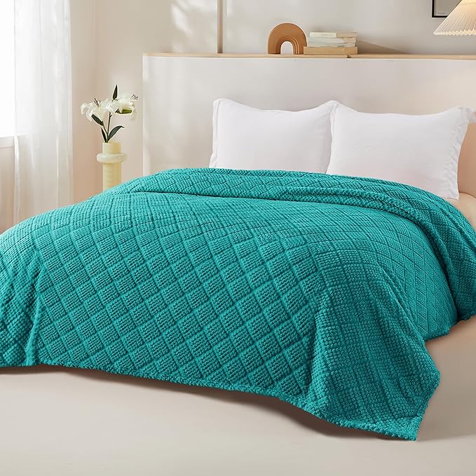 Whale Flotilla Fuzzy Fleece Queen Size Blanket for Bed, Soft Fluffy Jacquard Waffle Blankets for All Season, Lightweight and Warm, 90x90 Inch, Teal