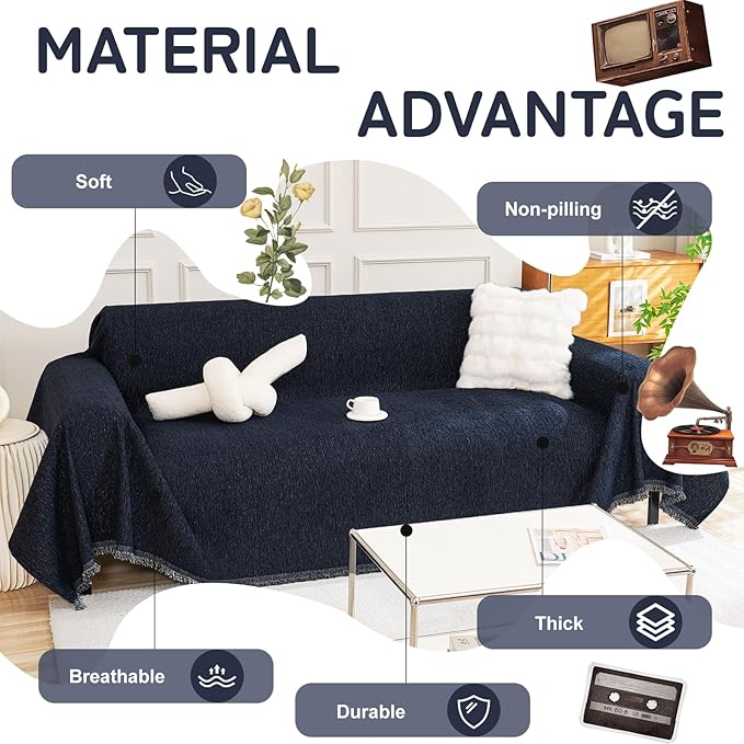 HANDONTIME Navy Blue Sofa Cover with Non-Knot Tassels, Soft & Durable Couch Slipcover for 3 Cushion Sofa, Couch Cover for Dogs Washable Pet-Friendly Sofa Protector,Chenille Sofa Covers, 91"x118"