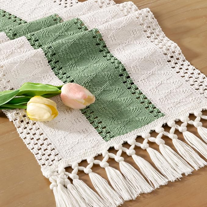 Socomi Boho Table Runner Easter Spring Farmhouse Rustic Dining Kitchen Decor Small Macrame Woven Cotton Linen Coffee Table Runner for Dresser Scarf Home Decor 12x48 inch Sage Green Ivory