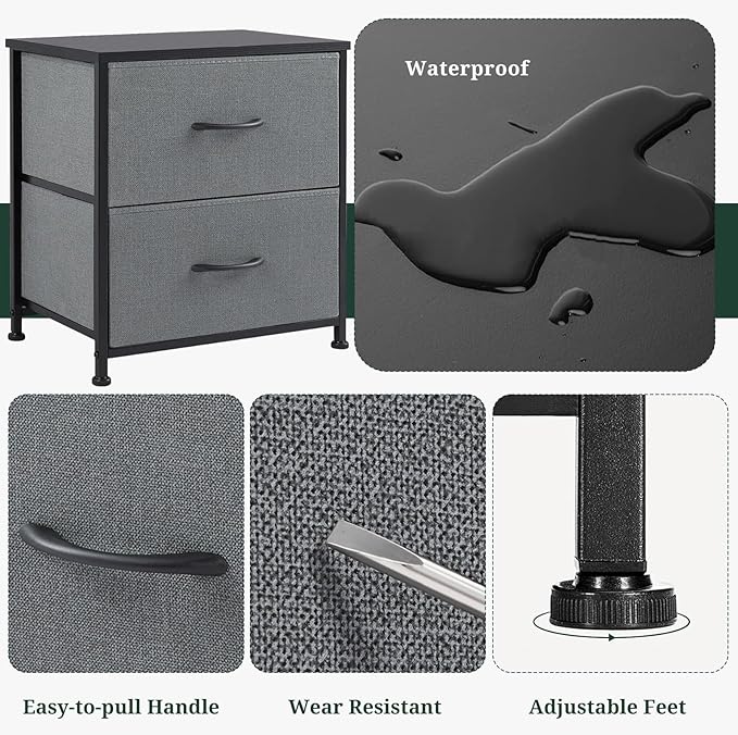 Nightstand Set of 2, Small 2 Drawer Dresser End Table Bedside Furniture, Wooden Top Fabric Bins for Bedroom, Closet, Entryway, Dorm, 11.8" D x 18" W x 20", Gray