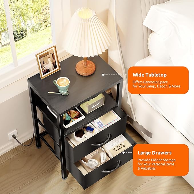 NightStand Bedside Charging Table Bedroom - Night Stand with Charger Station, Modern Nightstand with Open Shelf & 2 Fabric Drawers, Bed Side Table with USB-C Port for Dorm, Black
