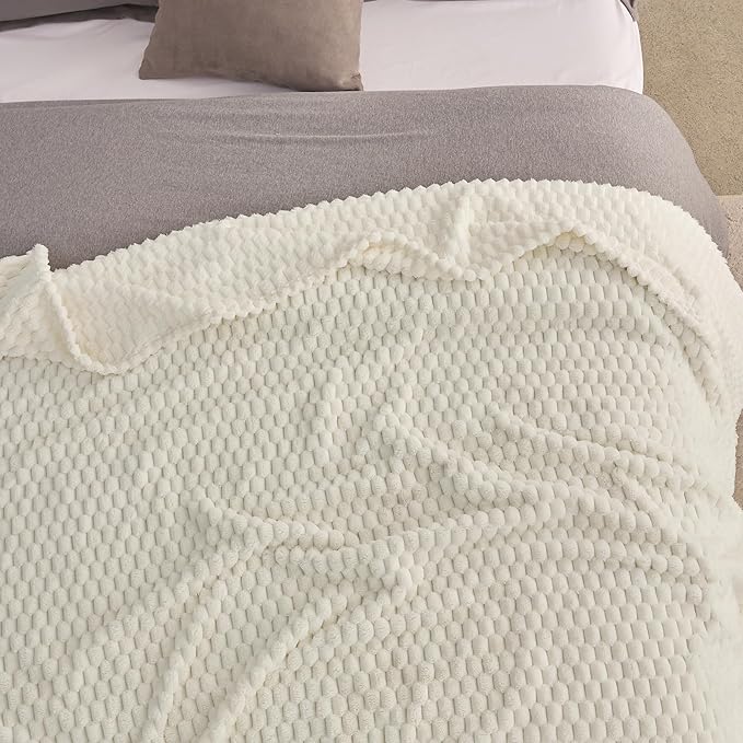 Super Soft Fleece King Size Blanket 90x90 Inches for Bed, Premium Silky with 3D Imitation Turtle Shell Jacquard Decorative Blankets, Lightweight and Cozy for Living Room.Ivory