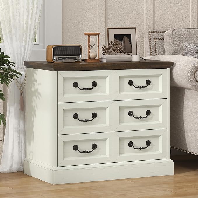 Farmhouse Nightstand with Charging Station, 27.6" Wide White Wood Nightstand with 3 Drawers Organizer, Larger Side Table End Table with Storage, Modern Night Stand for Bedroom, Living Room