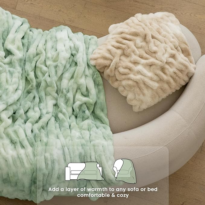 Ultra Soft Faux Rabbit Fur Throw Blanket, Cozy Fuzzy Blanket for Couch Bed, Plush Warm Decor Gifts, Luxury Thick Fluffy Blanket for Women Men,50x60 inches, Tie-Dyed Sage Green