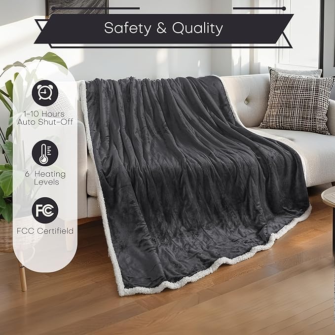 Electric Heated Blanket Throw Size 50"x60" - Microplush & Sherpa Fabric Dual-Sided, 6 Heat Settings & 3 Hours Auto Off, Soft & Cozy Warming Throw for Home, Office, or Bed, Machine Washable, Iron Gray