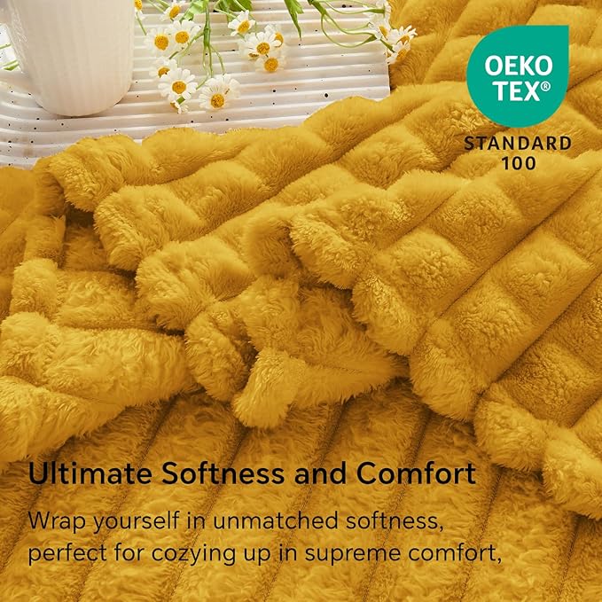 BEDELITE Mustard Yellow Throw Blanket for Couch and Bed- Super Soft and Warm 3D Checkered Fluffy Fuzzy Fleece Blanket, Luxurious Plush Cozy Blanket for Room Decor Spring, 50x60 inches