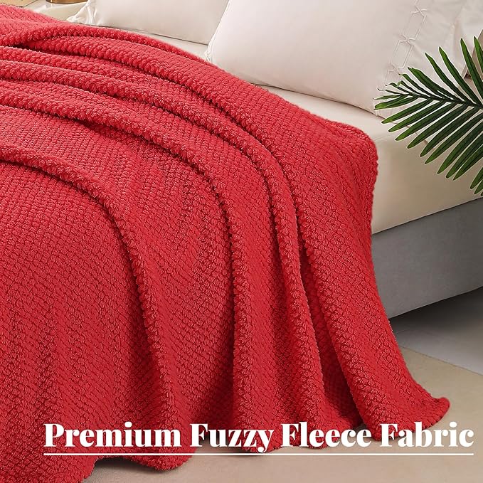 Whale Flotilla Twin Size Fuzzy Fleece Blanket for Bed, 60x80 Inch Fluffy Warm Soft Jacquard Blankets for All Season, Lightweight and Cozy, Red
