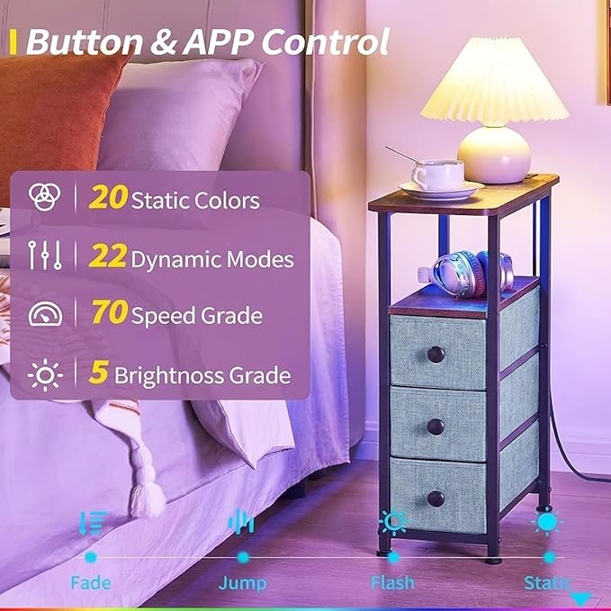 Narrow End Table with Charging Station, Narrow Side Table with Drawer, Small Nightstand with LED Light, Skinny Nightstand, Small Bedside Table for Living Room, Grey