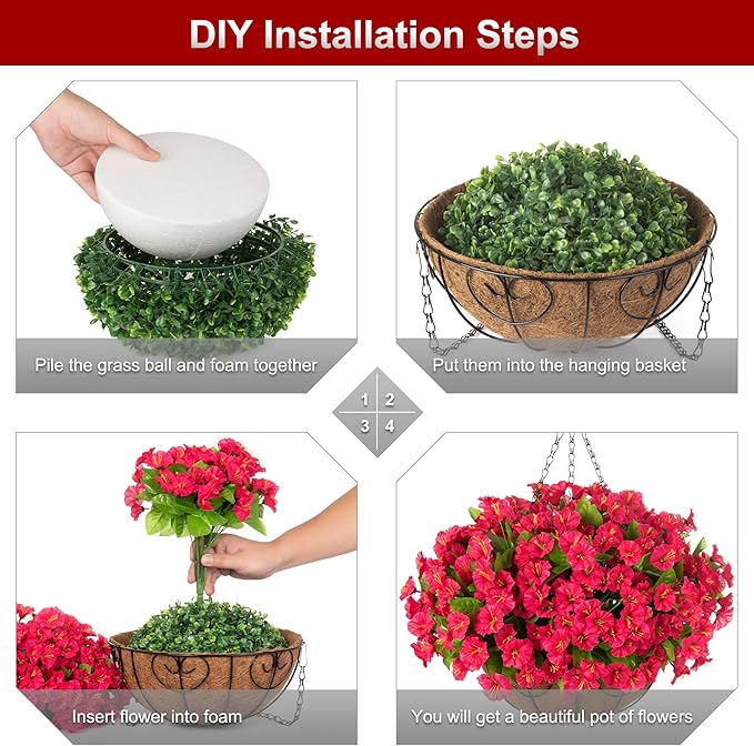Artificial Hanging Flower Plants with Basket for Outdoor Decoration, Faux Petunias Flowers Fake Morning Glory Plants for Hanging Outside Patio Garden Porch Balcony Yard Spring Decor(Red)