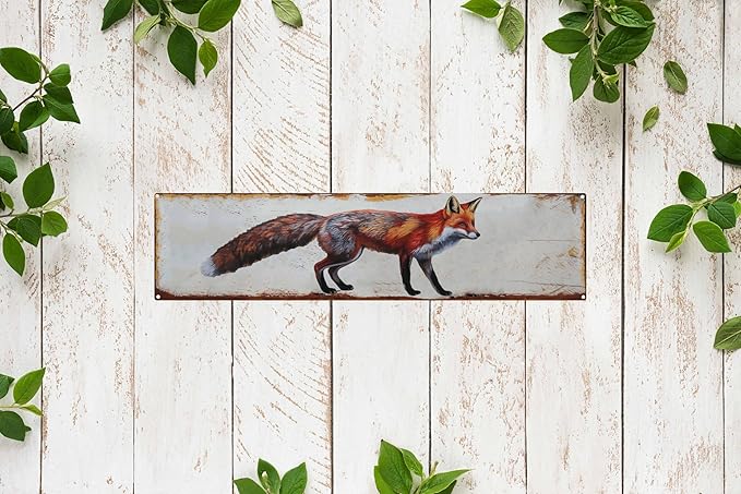 Fox Metal Sign 4x16in Vintage Rustic Plaque for Forest Cabin Wall Farmhouse Nature Decor