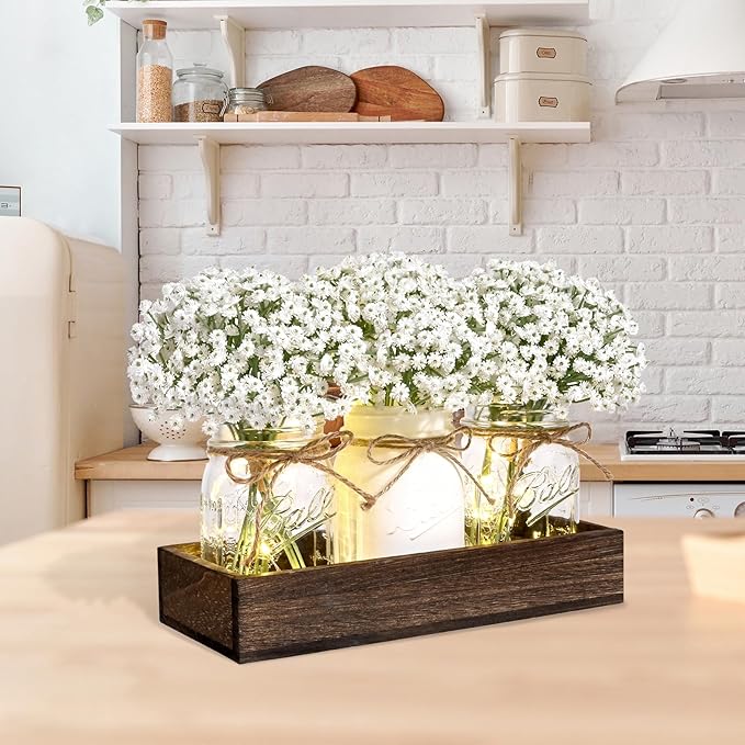 BLEUM CADE Centerpiece Table Decorations - Mason Jar Lights Centerpiece for Kitchen Dining Table Farmhouse Coffee Table Wedding Home Decor with 3 Jars Babys Breath Artificial Flowers & Wood Tray