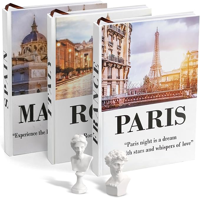 SIMPLIFY ASTHETIC - European Cities Decorative Books Set with 2 Busts Greek Methology and 3 Sets White Hardcover Coffee Table Books with Blank Pages, Home Decor Livingroom