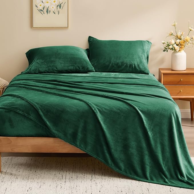 BEDELITE Flannel Sheets King Size Dark Green - Super Soft Fleece Sheets Set Fluffy Extra Plush, 4 Piece(Include Fitted Sheet, Flat Sheet, 2 Pillowcases)
