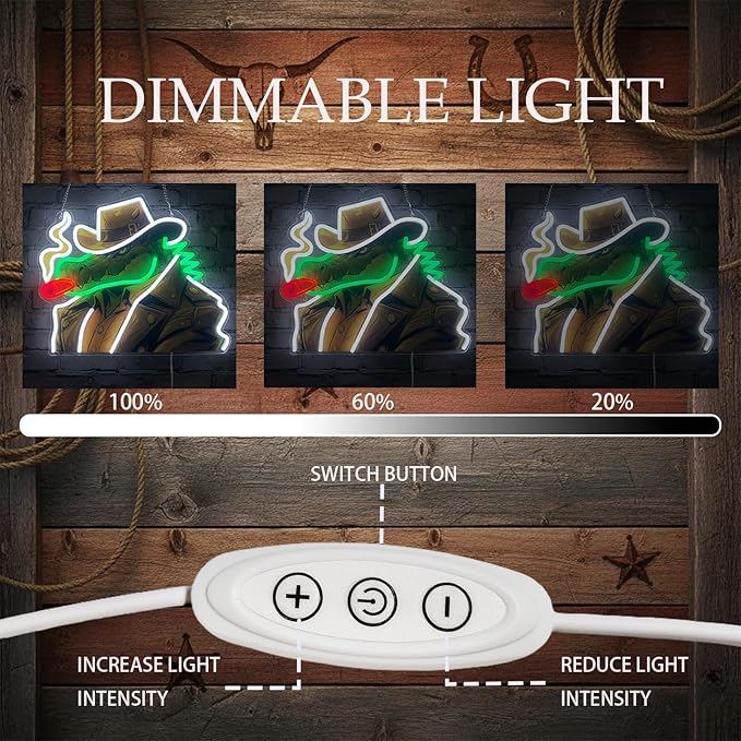 Cowboy Alligator Neon Sign for Wall Decor, Western Dimmable LED Wall Light for Man Cave, Bar, Pub, Game Room, or Garage, Cool Art Gift for Men, 15.5 x 13.5 inch