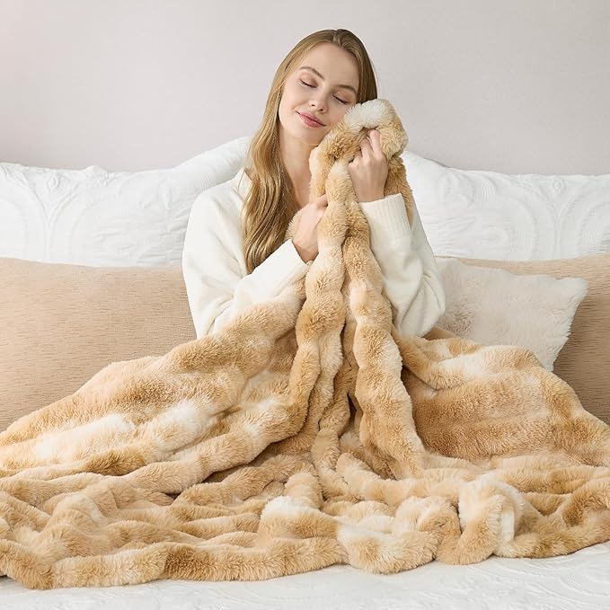 Cozy Bliss Deluxe Striped Rabbit Faux Fur Throw Blanket, Soft Fluffy Warm Plush Blanket for Winter, Modern Homr Decor, Tie-dye Khaki 60"x80"