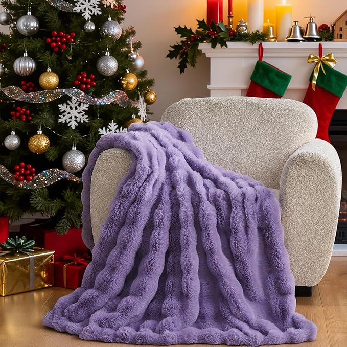 Lotus Karen Faux Fur Throw Blanket Purple - Big Bubble Rabbit Fluff Blanket for Couch Bed Sofa,Softest Fluffy Fuzzy Cozy Blanket,Thick Furry Plush Shaggy Warm Blankets for Women,50x60 Inches