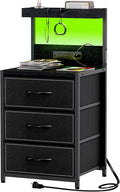 LED Nightstand with Charging Station, Night Stand with 3 Drawers and Lights, Storage Side Table with Shelf and Hooks, Tall End Table for Bedside, Bedroom, Modern Black
