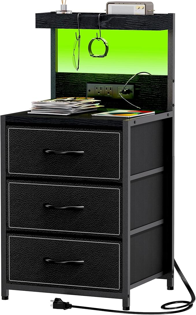 LED Nightstand with Charging Station, Night Stand with 3 Drawers and Lights, Storage Side Table with Shelf and Hooks, Tall End Table for Bedside, Bedroom, Modern Black