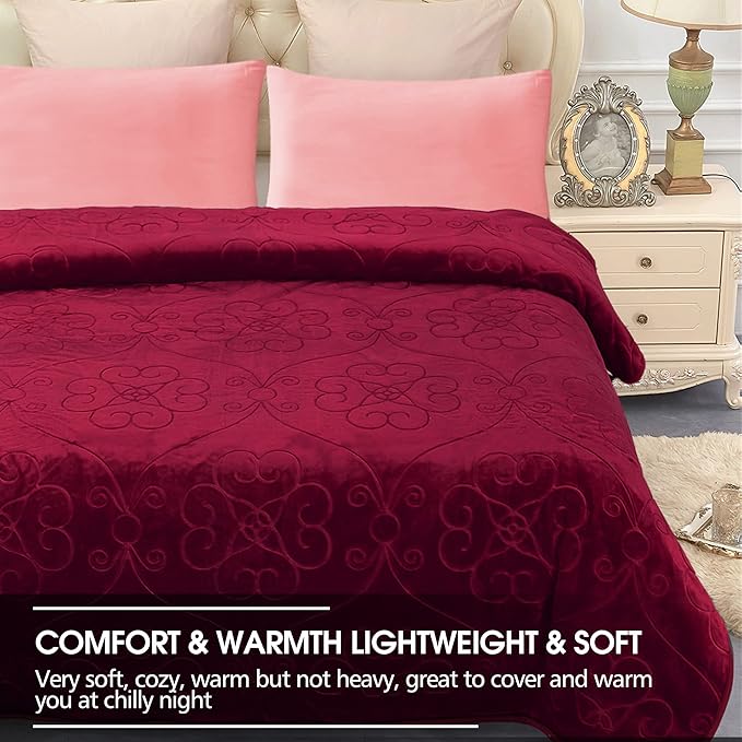 JYK Luxury Fleece Plush Blanket, Korean Mink, Queen 75" x 91" - Super Soft, Warm, Lightweight, Cozy Fuzzy Solid Color Embossed Fleece for Bed (Burgundy)