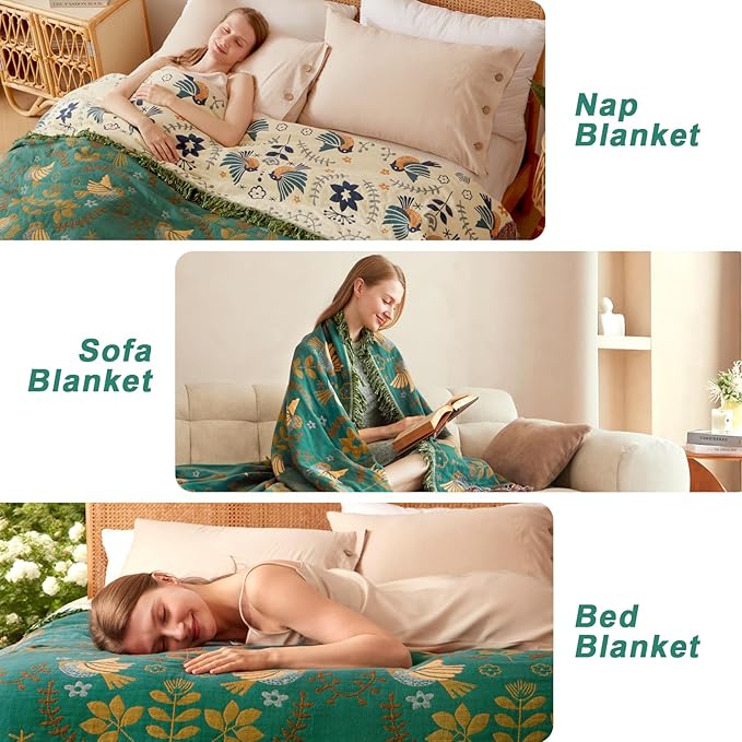 Boho Throw Blanket 60"x80", Soft Cozy 100% Cotton Blanket for Bed, Spring Blankets with Floral Bird Farmhouse Decor Breathable Lightweight King Size All Season