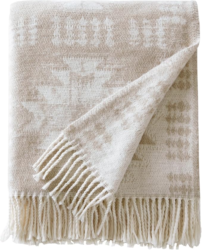 Woolrich Cotton Blend Jacquard Throw with Fringe Edge, Lightweight All-Season Decorative Throw Blanket, Machine Washable, Oeko-TEX Certified, Neutral Aztec, 50"x60"