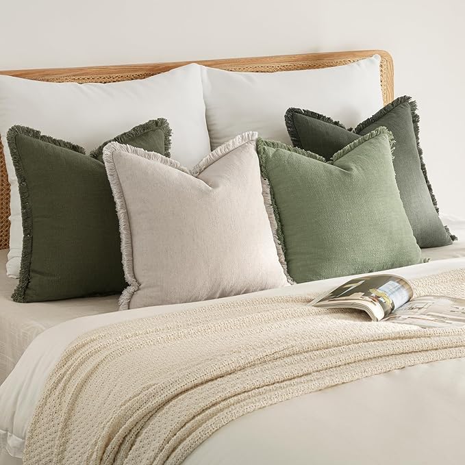 MIULEE Decorative Couch Pillow Covers Neutral Linen Fringe Throw Pillows Set of 4 Boho Farmhouse Accent Cushions for Bed Sofa Living Room Spring Home Decor 18x18 Inch Beige/Sage Green