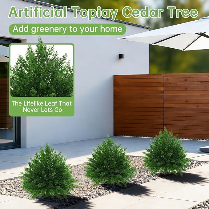 Artificial CedarTopiary Bushes for Outdoors with Spike, Set of 2 Cypress Topiary Trees with UV Resistant, Outdoors Fake Shrubs Faux Plants for Front Porch Indoor Outdoor Decor