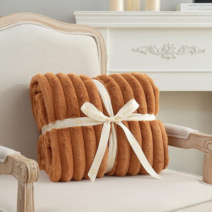 Amélie Home Faux Fur Throw Blanket for Couch, Cozy Fuzzy Fluffy Fur Luxurious Soft Striped Plush Gift Blankets for Family Sofa Chair Bedroom, 55"x70", Orange Brown
