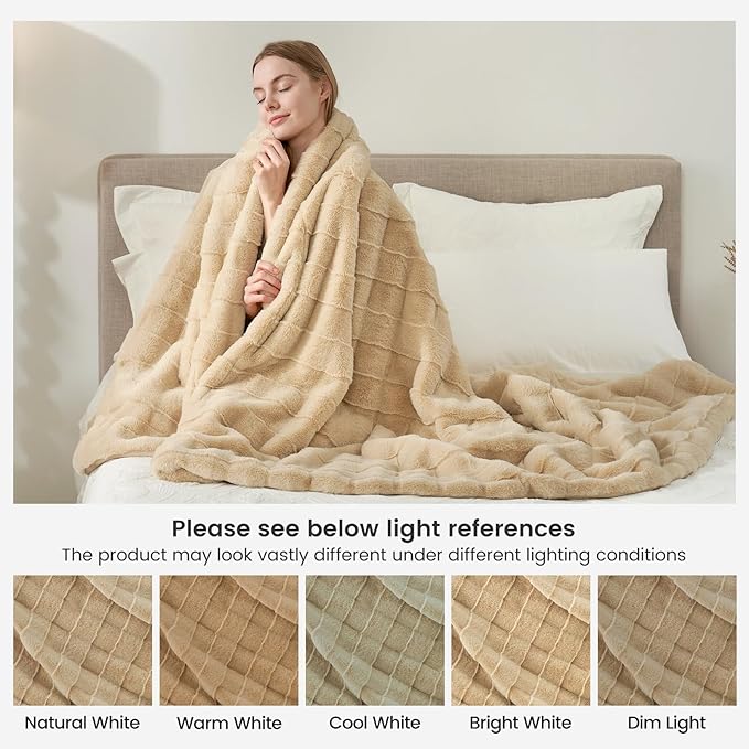 Cozy Bliss Fluffy Faux Fur Blanket Queen Size for Bed, Fuzzy Soft Striped Plush Blanket, Thick Throw for Bedroom Couch Gift, 90x90 Inches Beige