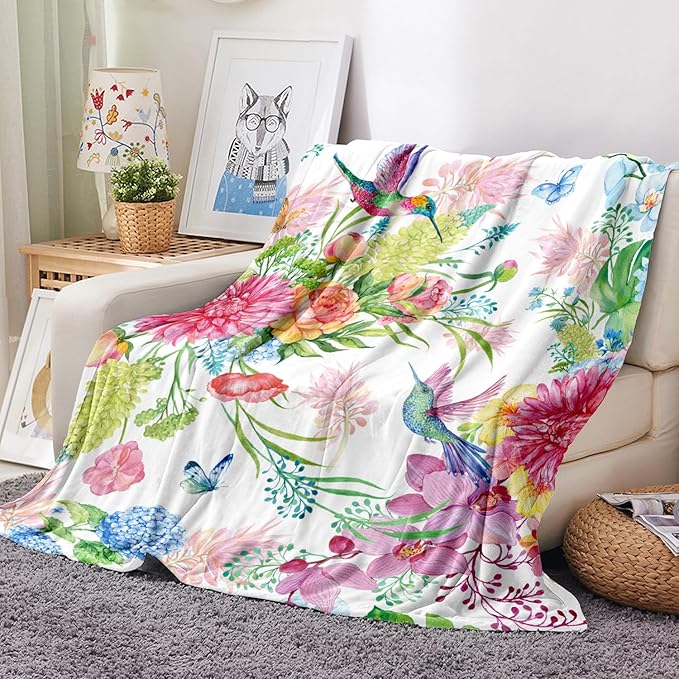 Hummingbird Throw Blanket Floral Flower Throw Blanket Spring Colorful Flannel Fleece Throw Blankets Gifts for Women Children Soft Cozy Plush Throw Blankets 50" x 60"