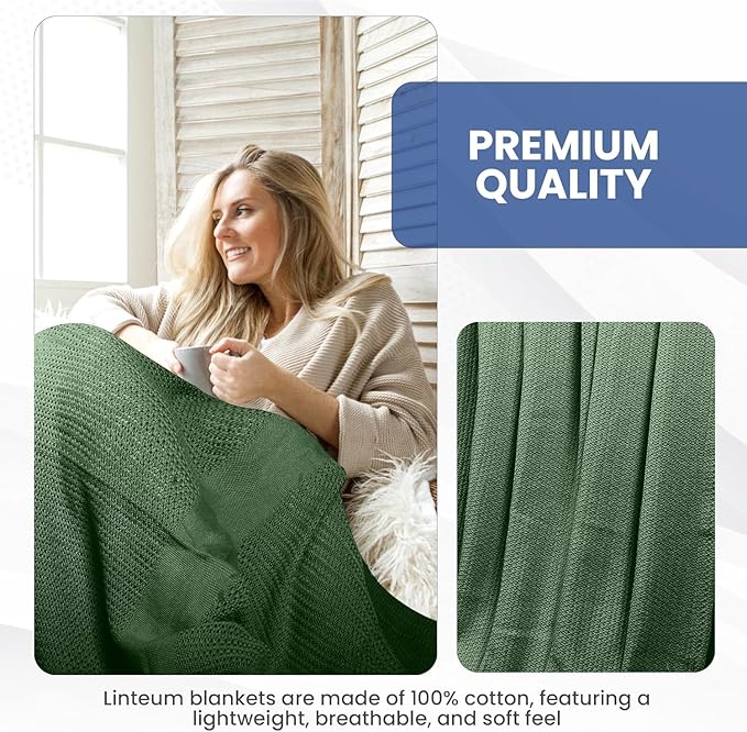 Linteum Textile Supply Leno Weave Hunter Green Blanket, Queen 100% Cotton, Lightweight, Warm, Extra-Fluffy, Premium and Durable Soft & Cozy Bed Blanket for Bed, Couch, Sofa Throw for All Season