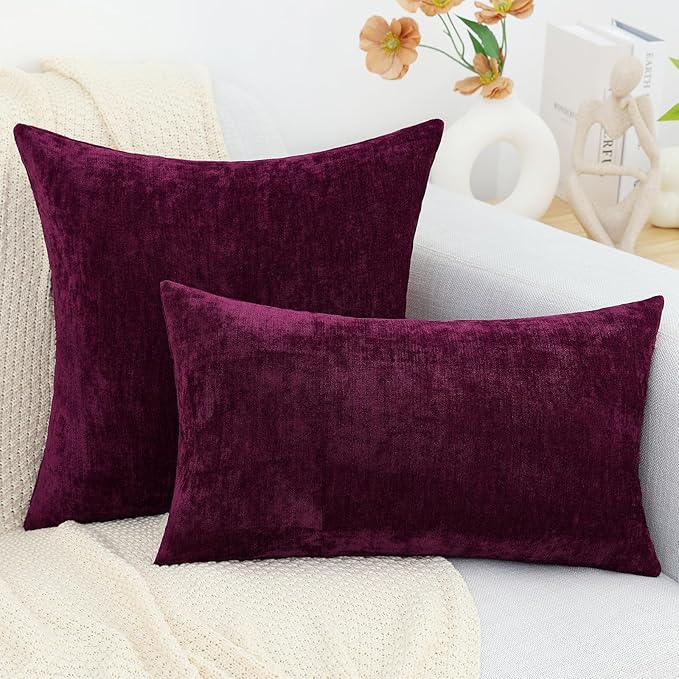 decorUhome Chenille Burgundy Throw Pillow Covers 18x18 Inch Set of 2, Decorative Soft Couch Pillow Covers Solid Dyed Accent Farmhouse Neutral Square Pillow Cases for Sofa