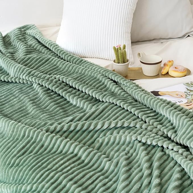 MIULEE Fleece Throw Blanket with Stripe Pattern Fuzzy Flannel Sage Green Blanket for Couch Plush Warm Cozy Bed Blanket Boho Decor for Bed Sofa Chair Twin Size 60"x80"