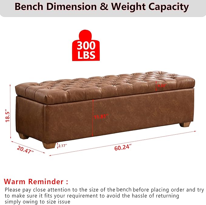 60.2" Storage Ottoman Bench for Bedroom Bed End,Brown PU Leather Bench with Seating,Button Tufted Ottomans with Storage for Living Room,Bedside,Entryway (Brown, 60.2")