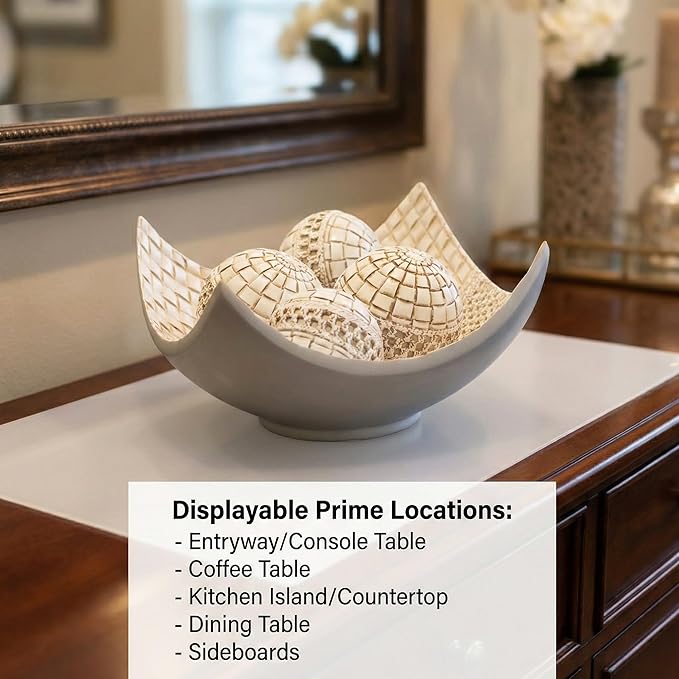 Seraphic 5pc Scoop Bowl Table Centerpieces for Dining Room, Large Decorative Bowls for Coffee Table Decor, Kitchen, Orbs/Balls Included, 14" diagonal. 11" wide and 5.75" tall, White