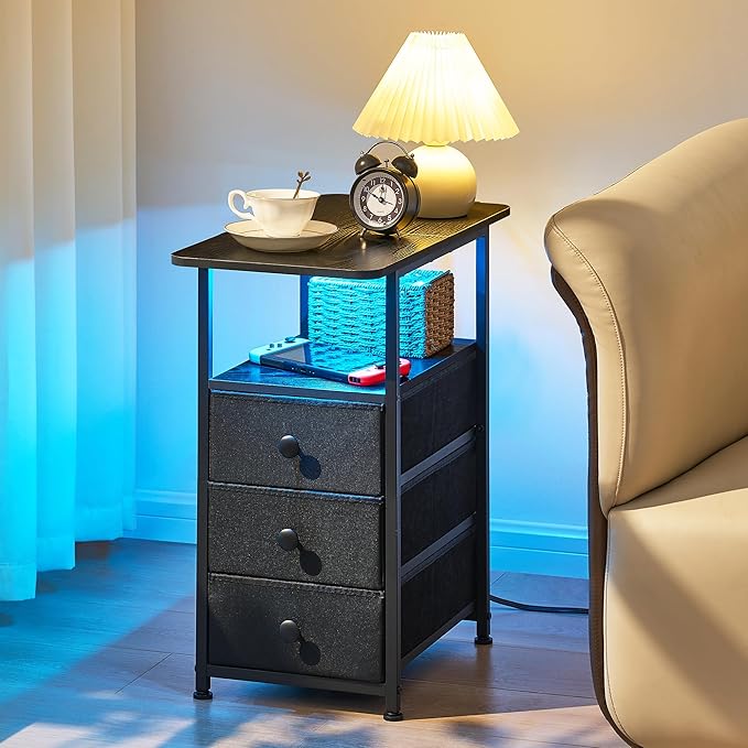 Narrow End Table with Charging Station, Narrow Side Table with 3 Fabric Drawers, Slim Nightstand with LED Light, Small Bedside Table with Storage, Living Room, Bedroom, Black HKET1303BK