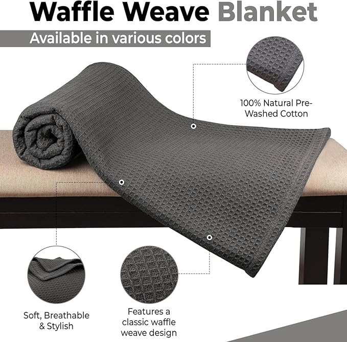 100% Cotton Blankets for Bed - Waffle Weave Blankets for Summer, Lightweight and Breathable Soft Woven Blanket for Spring (Dark Grey, King (90" x 108"))
