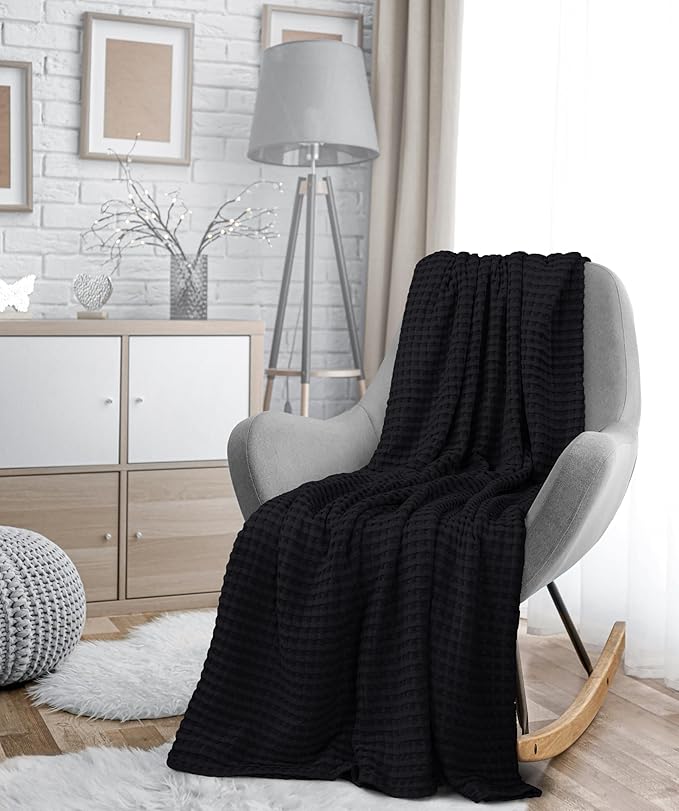 Utopia Bedding Black 100% Cotton Waffle Blanket 300 GSM [Twin - 90x72 Inch] Soft Lightweight Breathable Dorm Bed Blanket for All Season