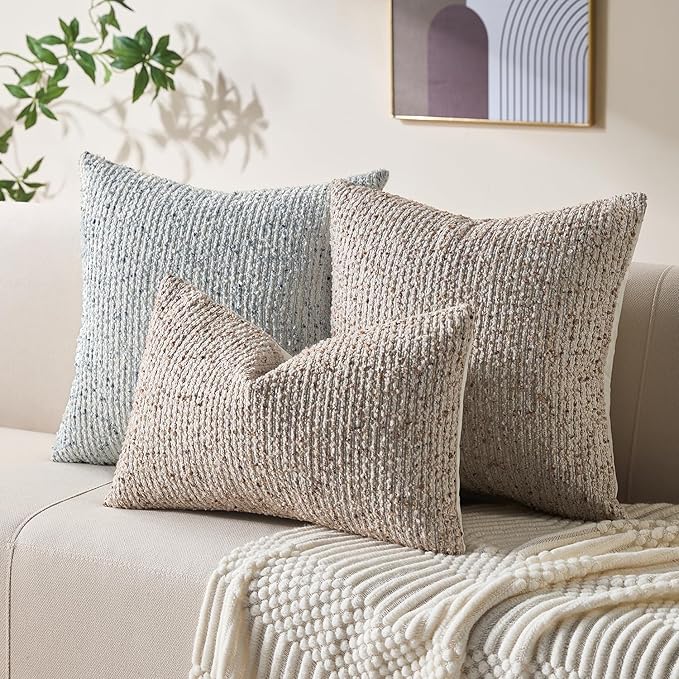 Allorry Decorative Couch Throw Pillow Covers 20x20 Beige Striped Soft Wool Pillow Covers Neutral Textured Boho Cushion Covers for Modern Farmhouse Sofa Bedroom Living Room Decor SY011-A20