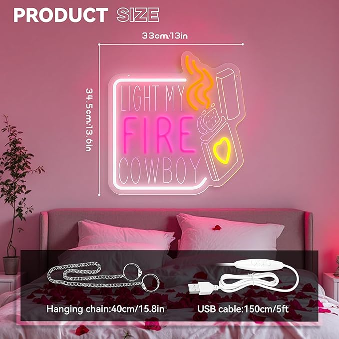 LIGHT MY FIRE COWBOY Neon Sign, Valentine's Day Neon Signs for Wall Decor, Dimmable Acrylic Neon Lights for Room Bedroom Hotel Bar Pub Club Party Decorations, Perfect Gifts