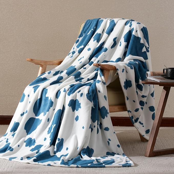 Cozy Bliss Cow Print Fuzzy Throw Blanket for Couch - Thick Soft Warm Non Shedding Fleece Blankets for Western Décor Room, for Kids, Women Men Girls, Teal Blue 50"*60"