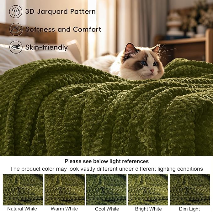 PHF Ultra Soft Flannel Fleece Blanket King Size, Lightweight 3D Jacquard Fleece Blanket, No Shedding, No Pilling, Luxury 340GSM Aesthetic Fluffy Cozy for Bed Room Decor, 108"x90", Olive Green