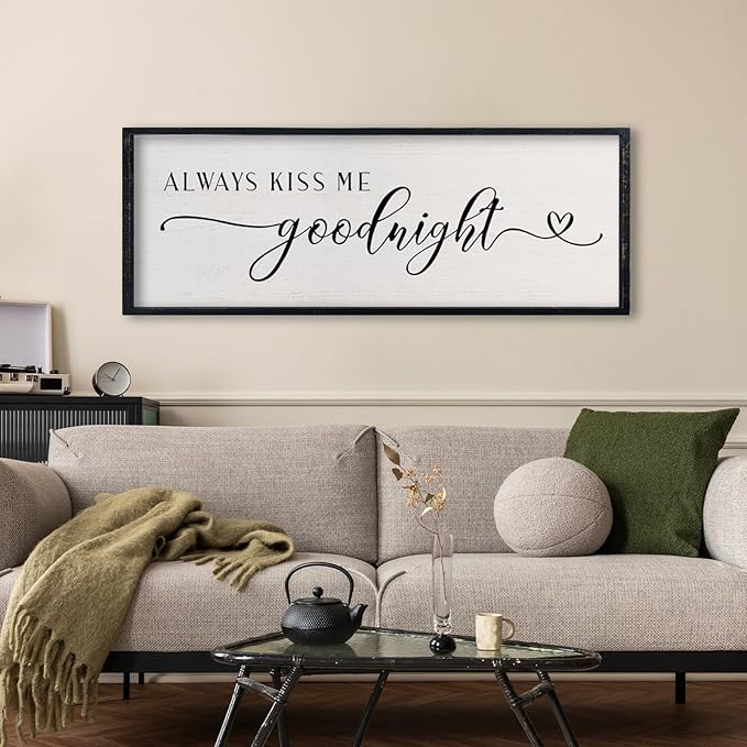 comurdyo Love Theme Always Kiss Me Goodnight Sign 32"×12" Romantic Couple Large Master Bedroom Above bed Wood Frame for Framed Rustic Farmhouse Minimalist Horizontal Wall Art Decor (Black)