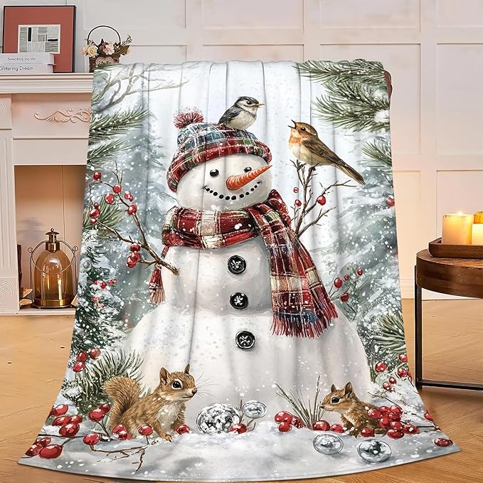 Snowman Throw Blanket - Soft Plush Fleece Christmas Winter Bedding Blankets- Cozy Snowman Stuff Gifts for Women Girls Kids Adults 60"X80"